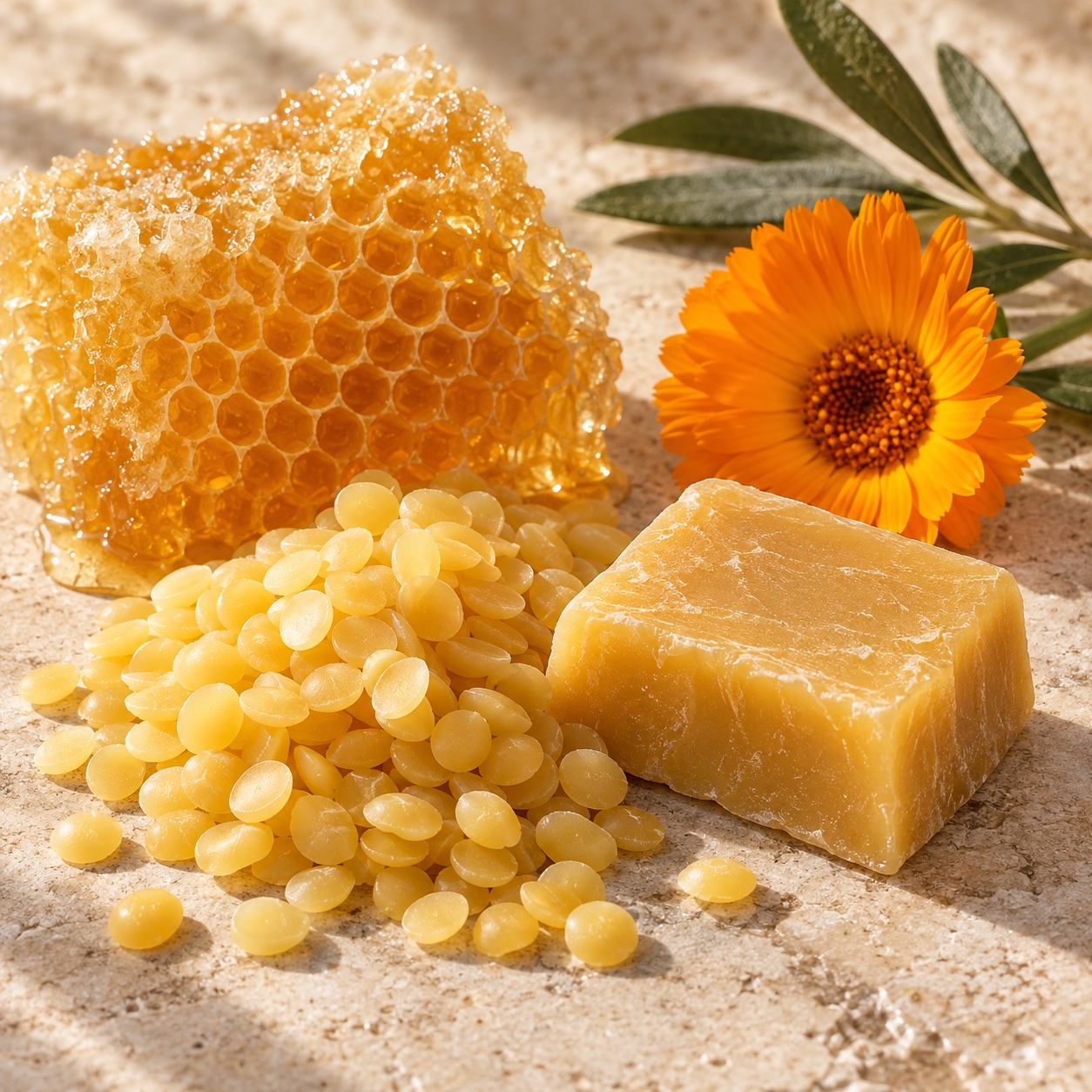Natural honeycomb, beeswax pastilles and a golden beeswax block