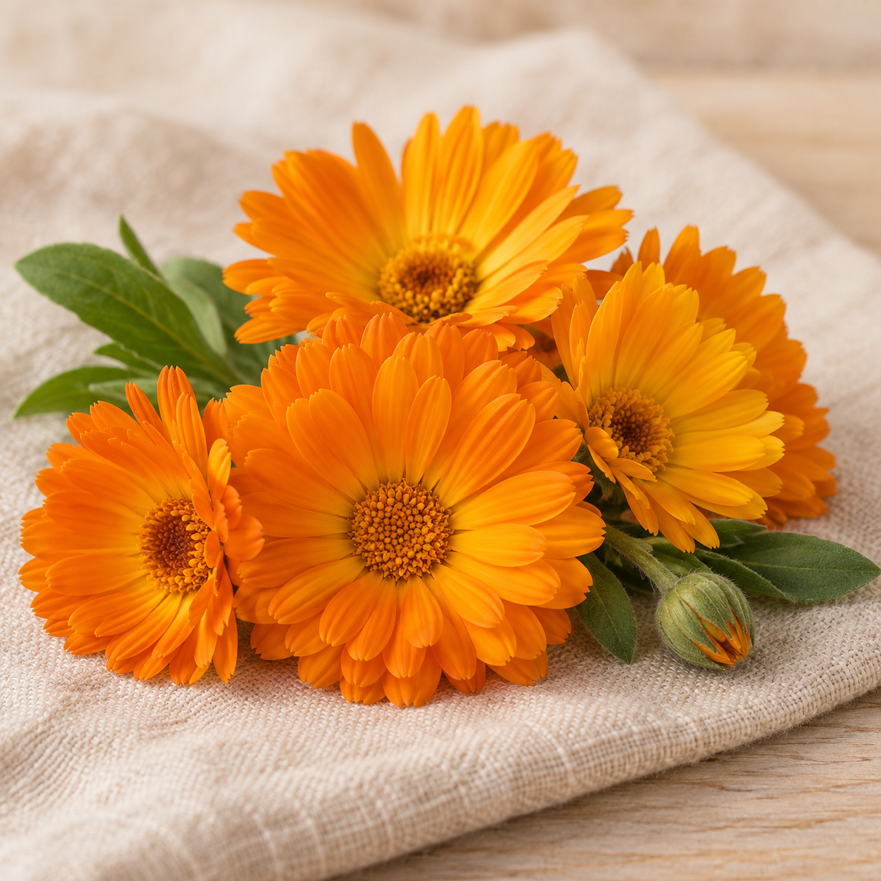 Fresh orange and golden calendula flowers on natural cream linen