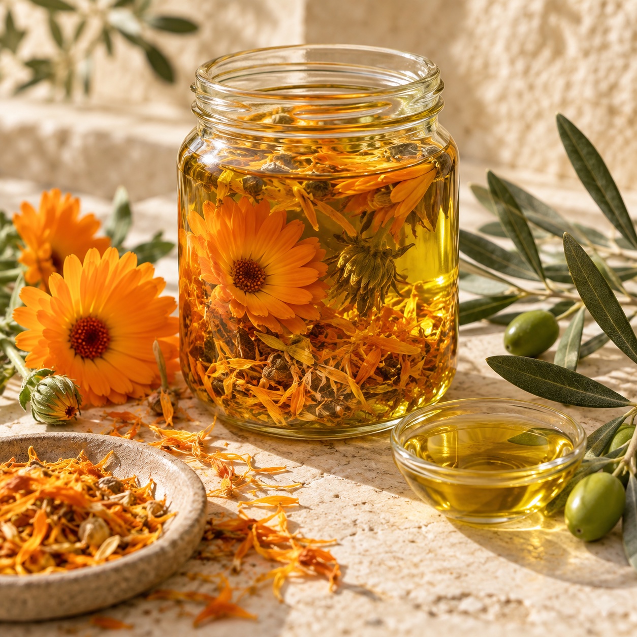 Calendula flowers infusing in golden olive oil