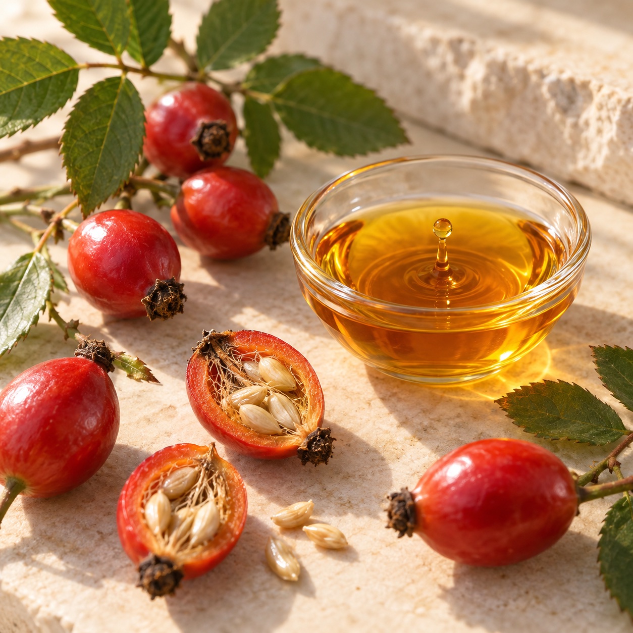 Fresh rosehips, seeds and a dish of amber rosehip seed oil
