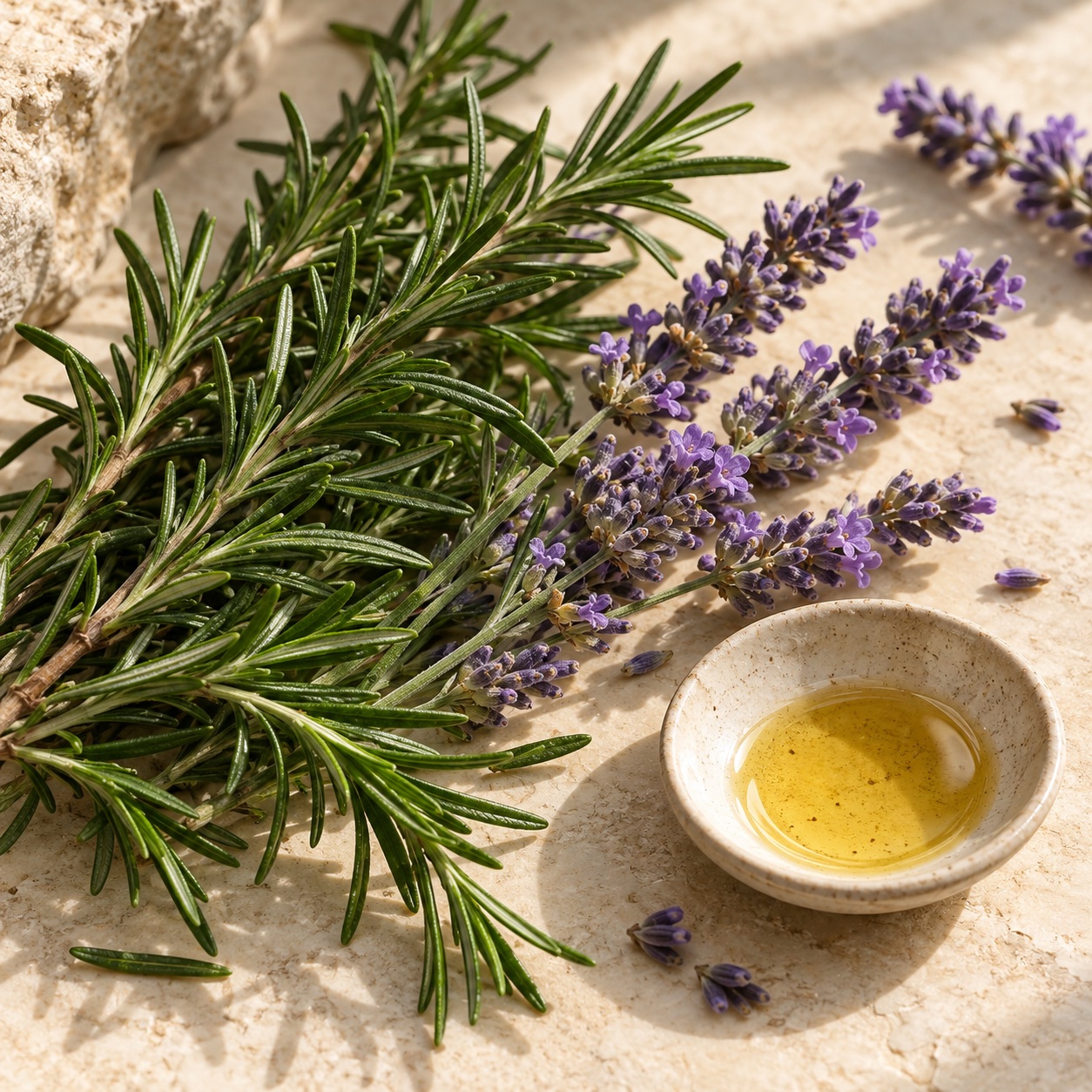 Fresh rosemary, lavender and a small dish of botanical oil