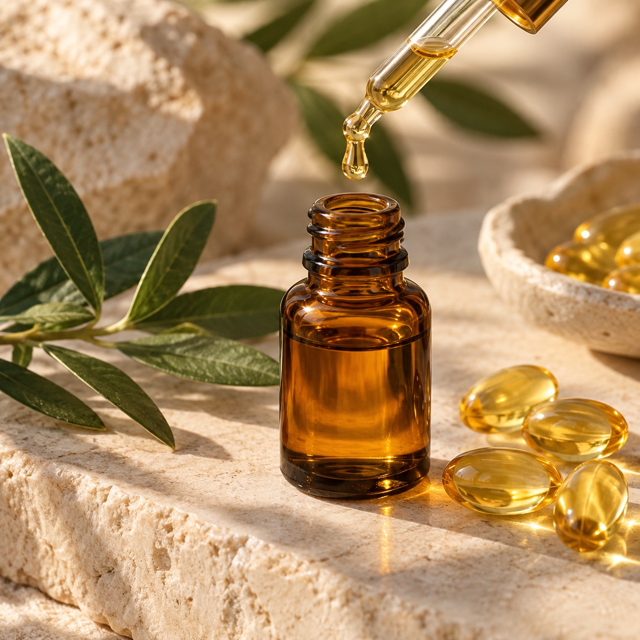 Golden vitamin E oil, glass dropper and translucent vitamin E pearls