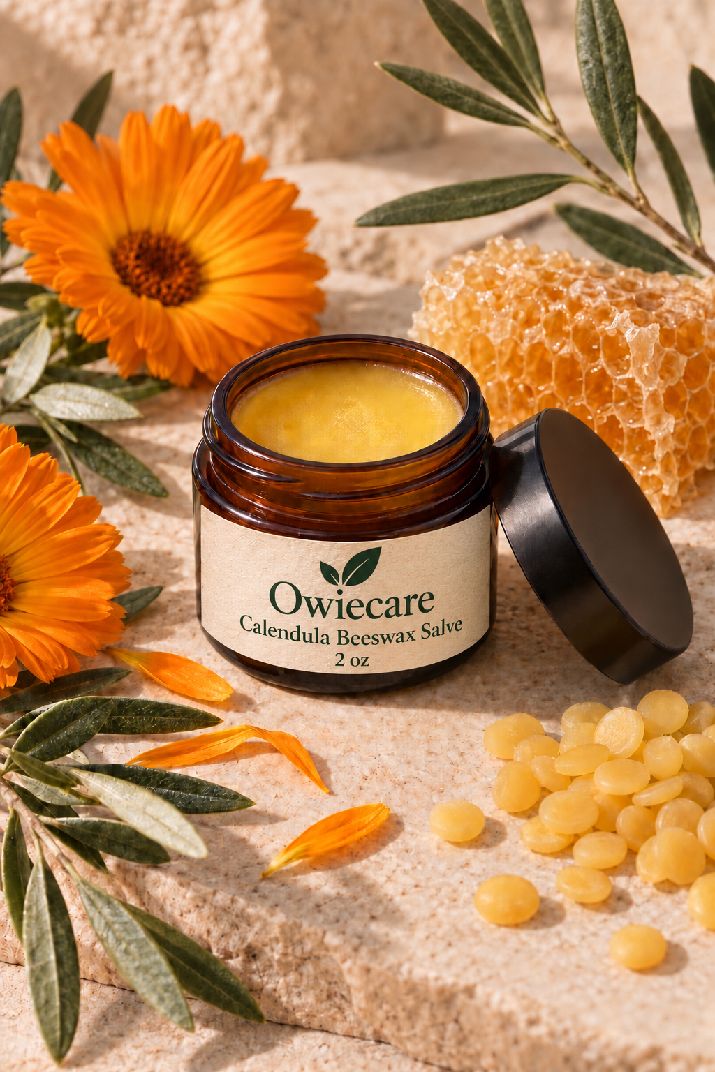 Open jar of Owiecare Calendula Beeswax Salve with a correctly fitted branded label, calendula and honeycomb