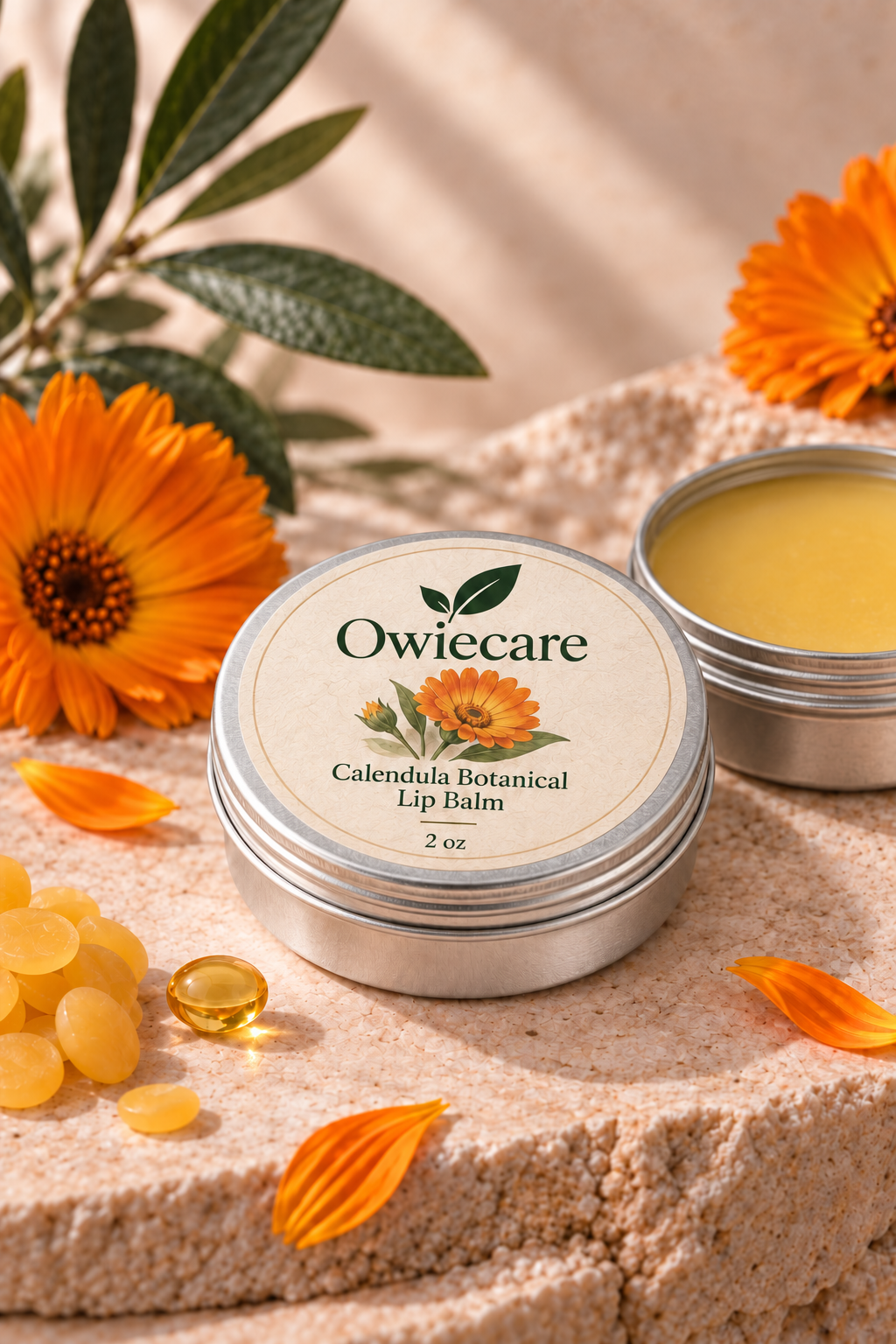 Owiecare Calendula Botanical Lip Balm in a two-ounce silver aluminum tin with a correctly positioned round label