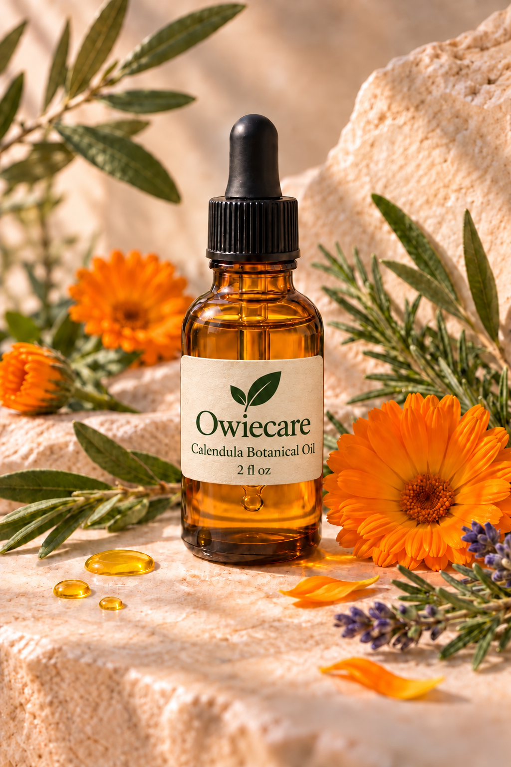 Owiecare Calendula Botanical Oil dropper bottle with a correctly fitted branded label, calendula, olive leaves, rosemary and lavender