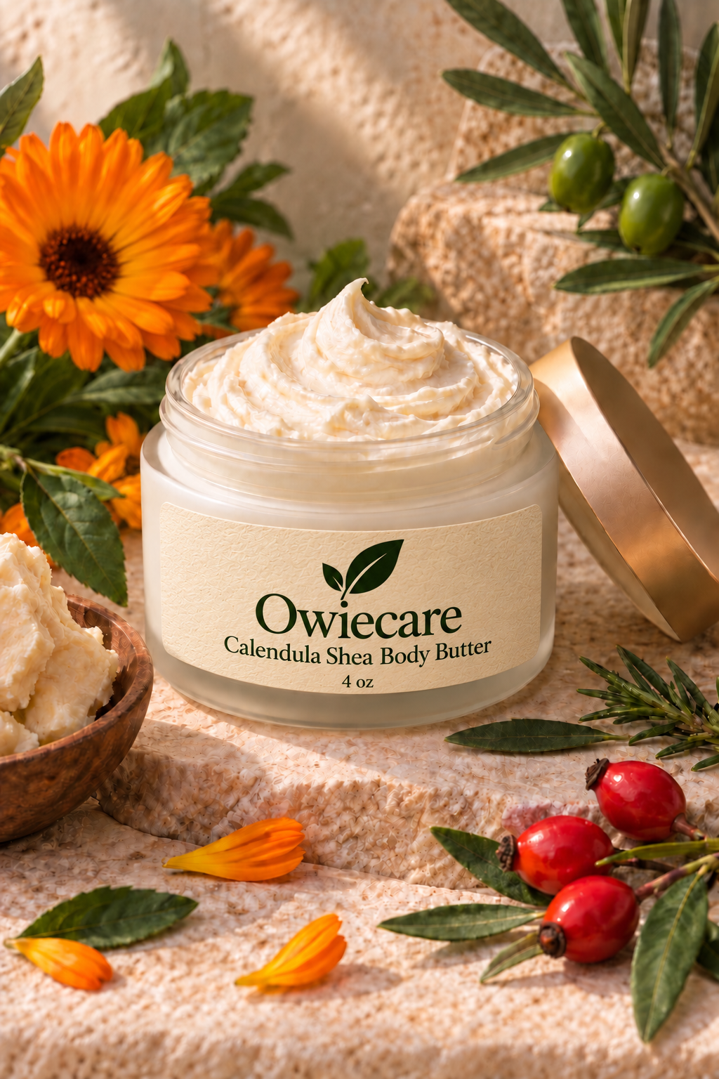 Open jar of Owiecare Calendula Shea Body Butter with a correctly fitted branded label, showing a whipped cream texture
