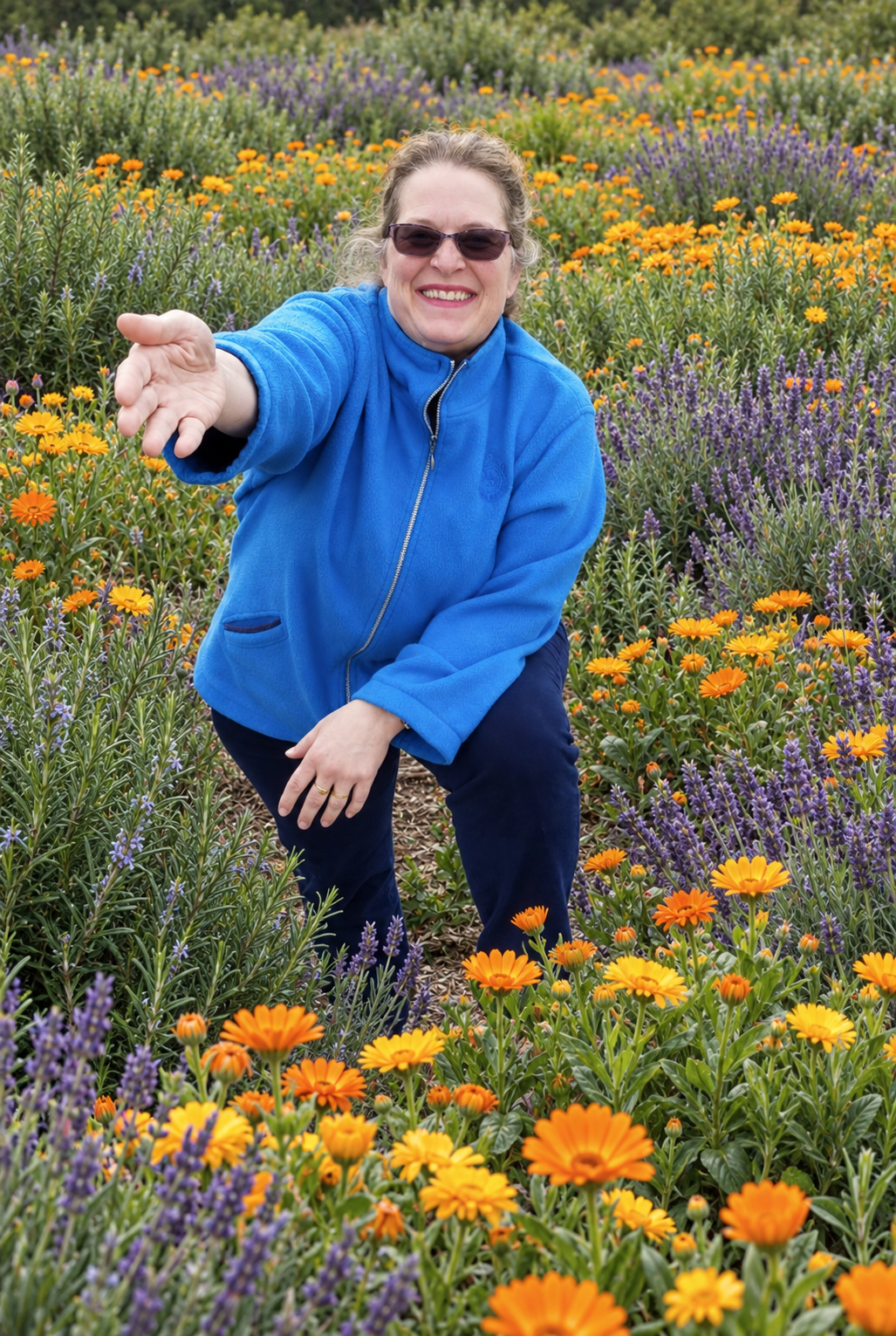 The founder of Owiecare kneeling in a field of calendula, rosemary and lavender